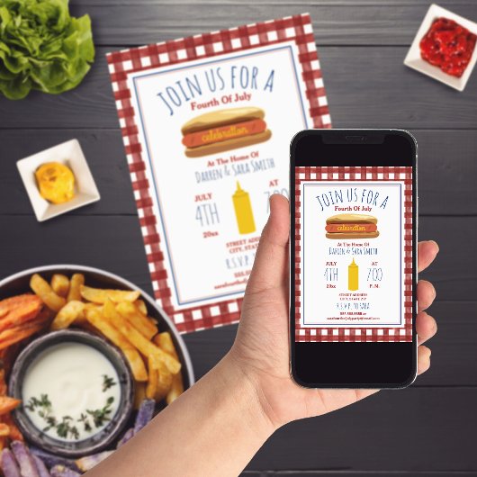 ホットドッグマスタードレッドジンガム7月4日パーティー 招待状