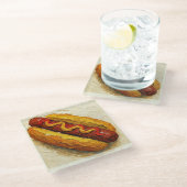 ホットドッグ油絵 (#1) ガラスコースター (アングル)