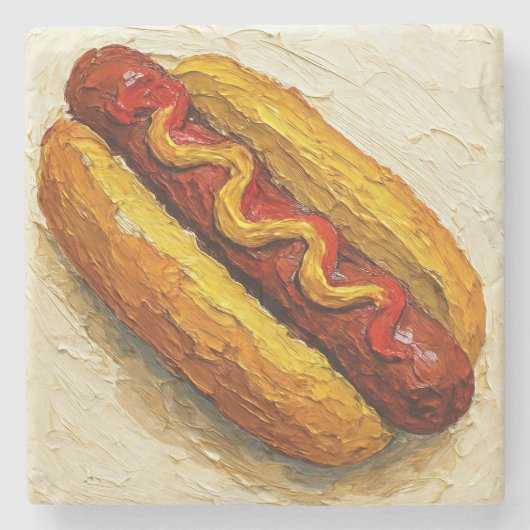 ホットドッグ油絵 (#1) ストーンコースター (正面)
