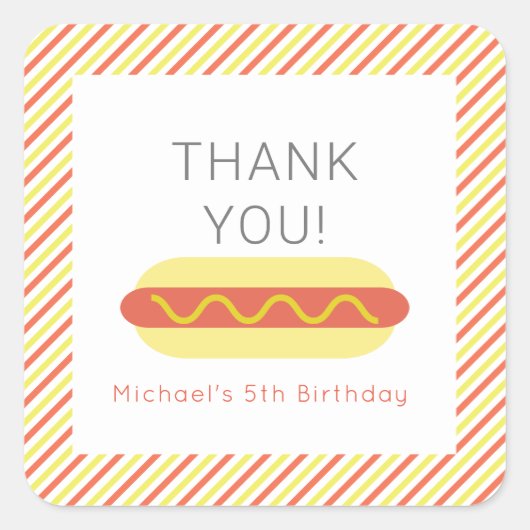 ホットドッグ現代レッドイエローキッズ誕生日ありがとう スクエアシール (正面)