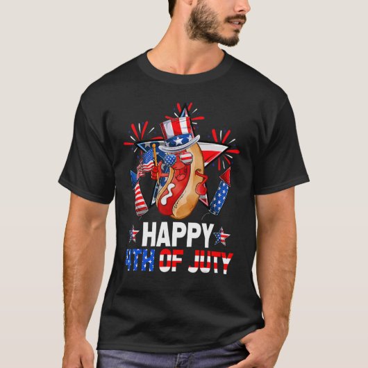 ホットドッグ花火アメリカ国旗Happy 4Of 7月 Tシャツ (正面)