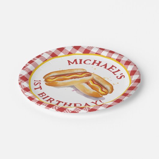 ホットドッグ誕生日パーティー紙プレート- Red Gingham ペーパープレート (アングル)