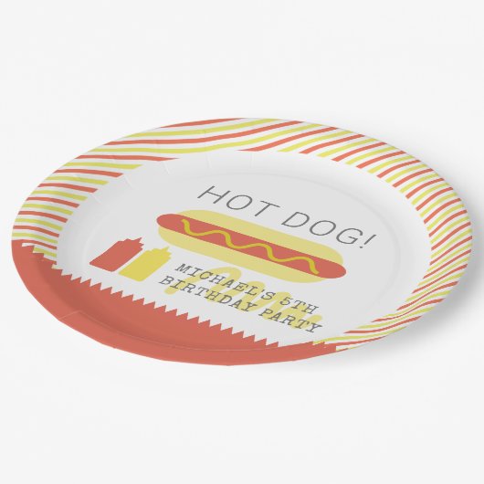 ホットドッグ!赤モダンと黄の誕生日 ペーパープレート (アングル)