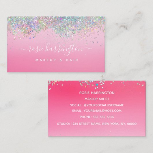 ホットネオンピンクのホログラフィーグリッターメイクアップアーティスト 名刺 (正面/裏面)