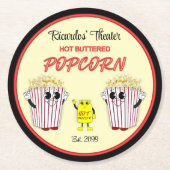 ホットバター入りポップコーンを持つ家族向け映画館 ラウンドペーパーコースター (正面)