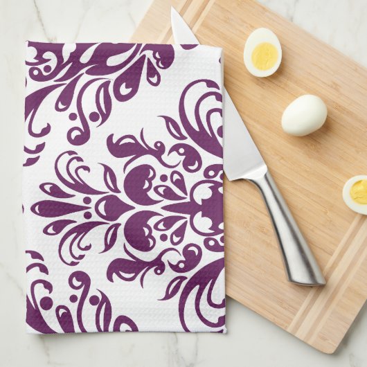 ホットパープルとホワイトダマエレガントスクのパターン キッチンタオル (四つ折り)
