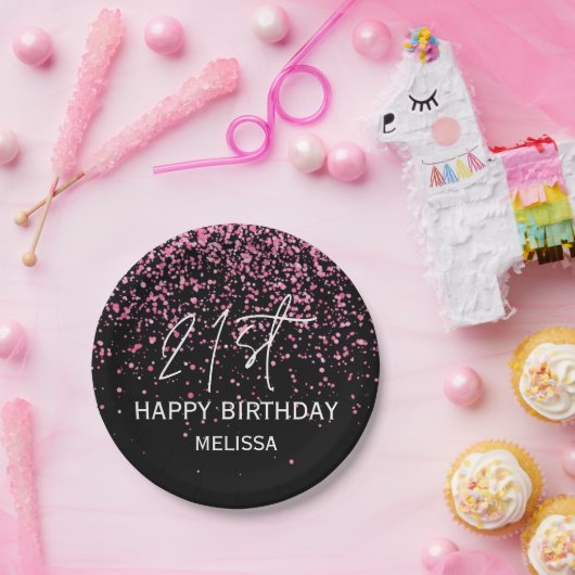 ホットピきらめくンクグリッターブラック21歳の誕生日 ペーパープレート (パーティー)