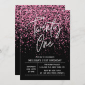 ホットピきらめくンクグリッターブラック21歳の誕生日 招待状 (正面/裏面)