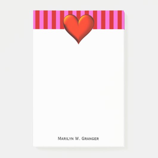 ホットピはっきりしたンク、赤ストライプ色メタリックハート ポストイット (正面)