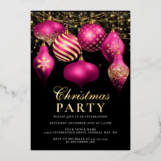 ホットピエレガントンク金ゴールドオーナメントクリスマスパーティー 箔招待状 (正面)