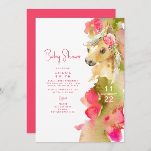 ホットピカラフルックポニーカラフルベビーシャワー 招待状 (正面/裏面)