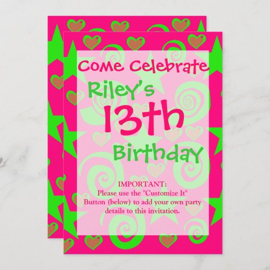 ホットピガーリーンクライムグリーンスターズハートスワールズギフト 招待状 (正面/裏面)