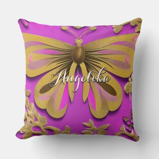 ホットピガーリーンク金ゴールドバタフライパーソナライズされた名 クッション (正面)