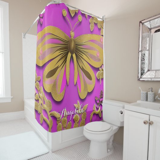 ホットピガーリーンク金ゴールドバタフライパーソナライズされた名 シャワーカーテン (インサイチュ)