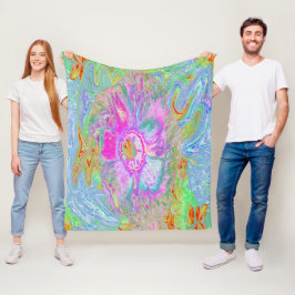 ホットピサイケデリックンクとウルトラバイオレットのハイビスカス フリースブランケット