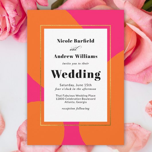 ホットピモダンンクとオレンジの抽象芸術結婚ズ 招待状