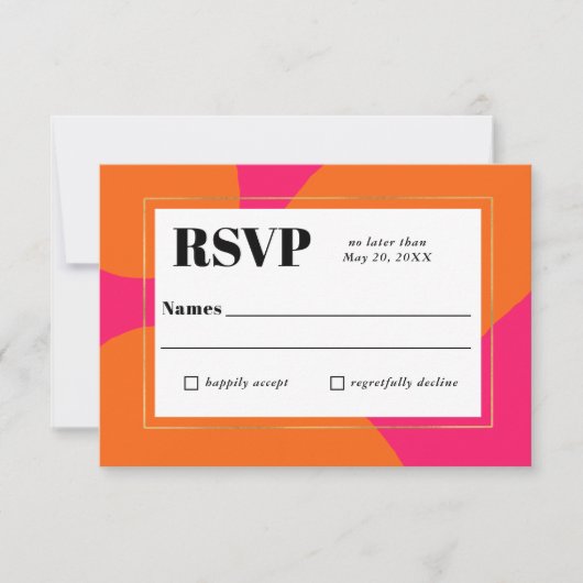 ホットピモダンンクとオレンジの抽象芸術結婚式RSVP 出欠カード (正面)
