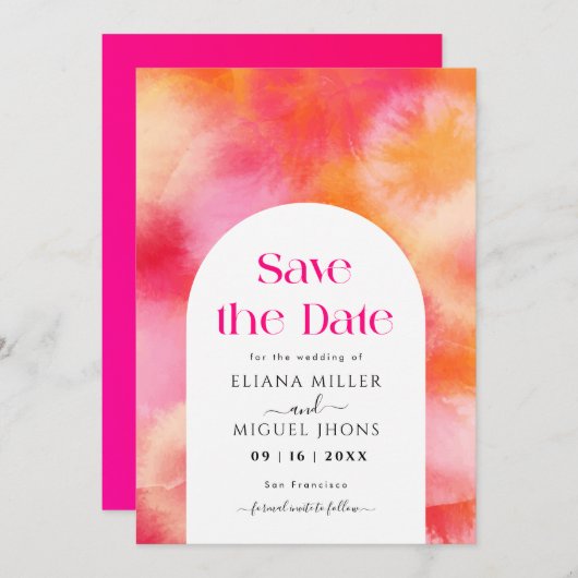 ホットピモダンンクとオレンジは日付を保存結婚する 招待状 (正面/裏面)