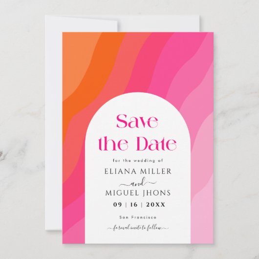 ホットピモダンンクとオレンジは日付を保存結婚する 招待状 (正面)