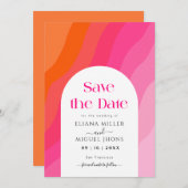 ホットピモダンンクとオレンジは日付を保存結婚する 招待状 (正面/裏面)