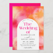 ホットピモダンンクとオレンジ色のウォーター結婚カラー 招待状 (正面/裏面)