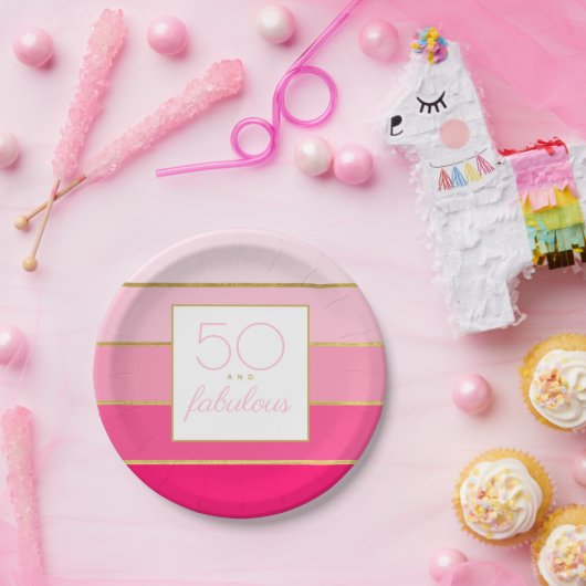 ホットピモダンンク&金ゴールド50と素晴らしい誕生日 ペーパープレート (パーティー)