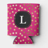 ホットピモノグラムのンクおよび金ゴールドグリッター水玉模様 缶クーラー (正面)