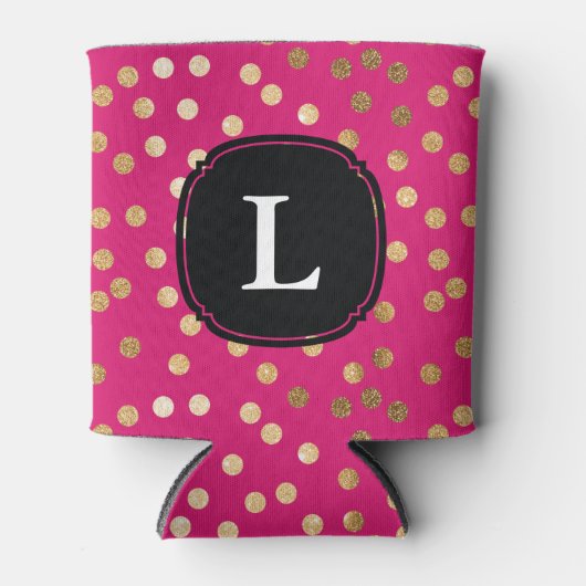 ホットピモノグラムのンクおよび金ゴールドグリッター水玉模様 缶クーラー (正面)