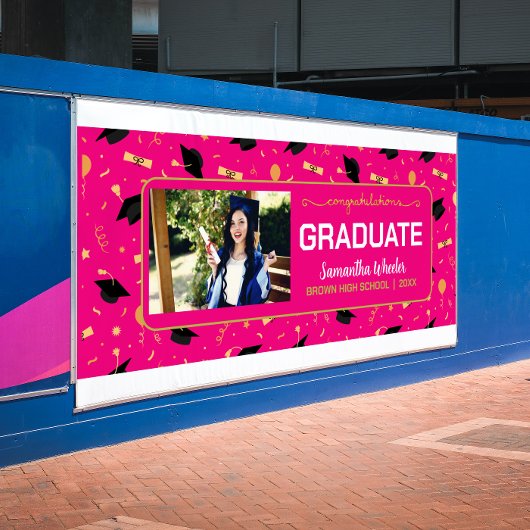 ホットピンクおめでとうカスタム院写真卒業 横断幕
