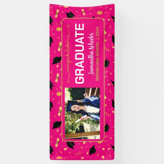 ホットピンクおめでとうカスタム院写真卒業 横断幕 (縦)