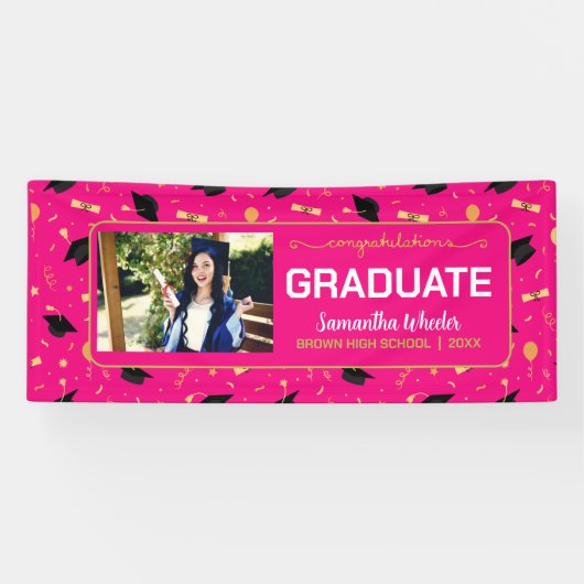 ホットピンクおめでとうカスタム院写真卒業 横断幕 (横)
