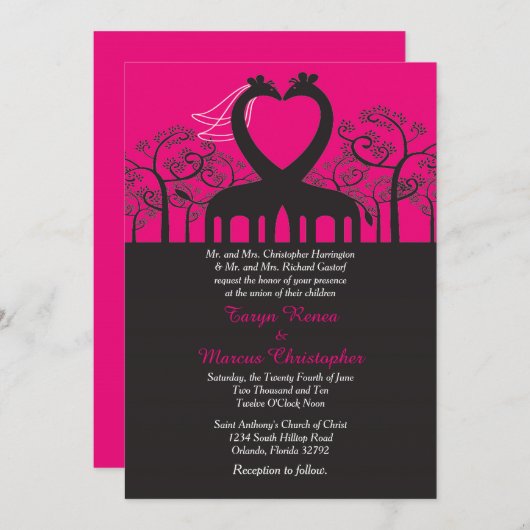 ホットピンクお洒落キリン5x7結婚式招待状 招待状 (正面/裏面)