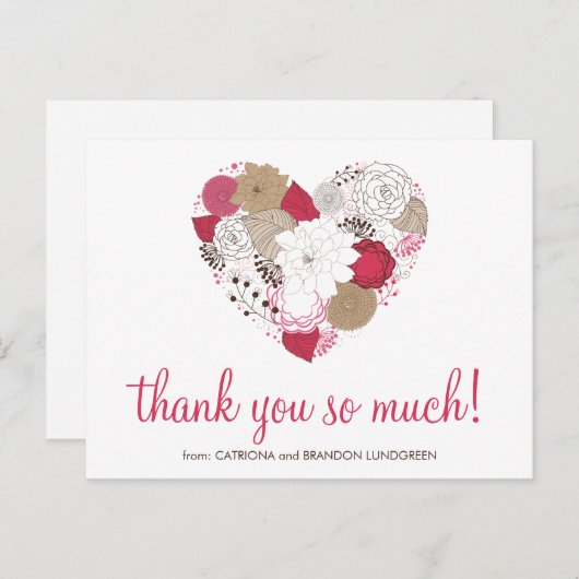 ホットピンクお洒落フローラハートありがとうはがき ポストカード (正面/裏面)