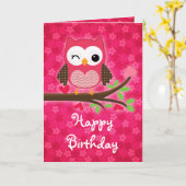 ホットピンクかわいいフクロウガーリーハッピーバースデー カード (黄色い花)