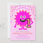 ホットピンクかわいい小さなモンスター1stバースデーガール 招待状 (正面)