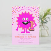 ホットピンクかわいい小さなモンスター1stバースデーガール 招待状 (スタンド正面)