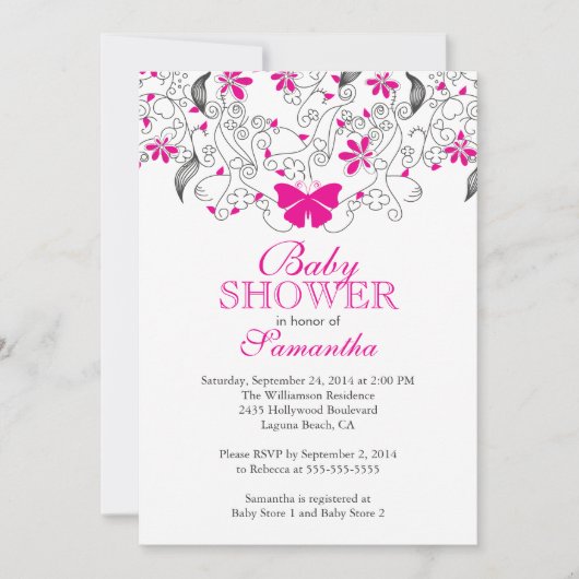 ホットピンクかわいらしバタフライベビーガールベビーシャワー 招待状 (正面)