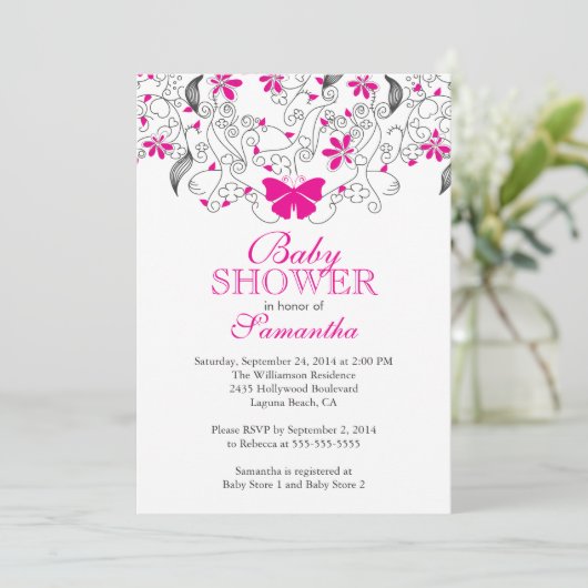ホットピンクかわいらしバタフライベビーガールベビーシャワー 招待状 (スタンド正面)