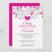 ホットピンクかわいらしバタフライベビーガールベビーシャワー 招待状 (正面/裏面)