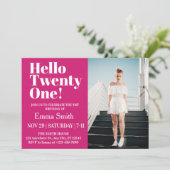 ホットピンクこんにちは21歳の誕生日の写真 招待状 (スタンド正面)