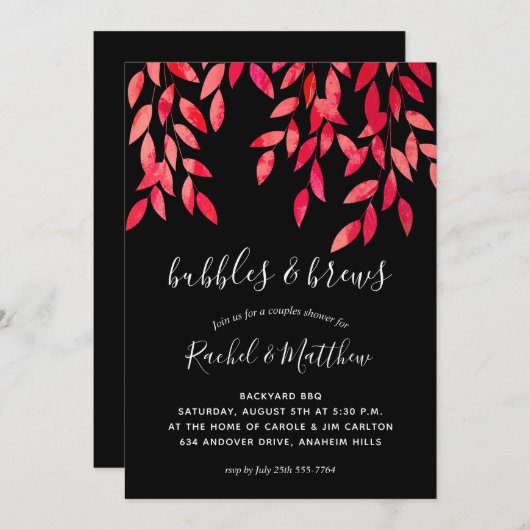 ホットピンクつる植物オンブラックカップルウェディングシャワー (正面/裏面)