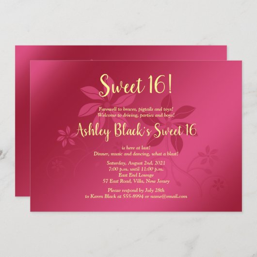 ホットピンクとイエロースウィート16誕生日招待状 招待状 (正面/裏面)