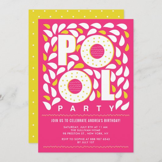ホットピンクとイエロープールのパーティースプラッシュ誕生日 招待状 (正面/裏面)