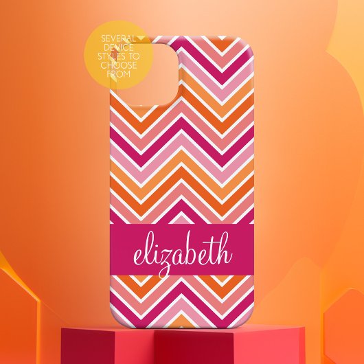 ホットピンクとオレンジのシェブロンのパターンと名前 Case-Mate iPhoneケース