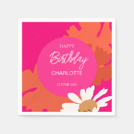ホットピンクとオレンジのデイジーフローラ誕生日パーティー スタンダードカクテルナプキン