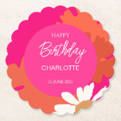 ホットピンクとオレンジのデイジーフローラ誕生日パーティー ペーパーコースター (正面)