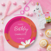 ホットピンクとオレンジのデイジーフローラ誕生日パーティー ペーパープレート (パーティー)