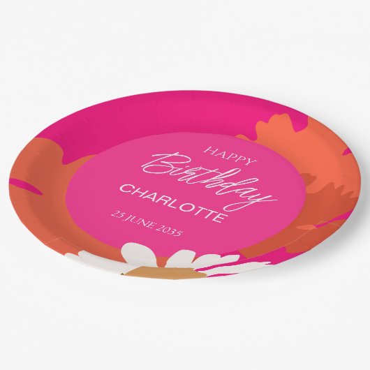 ホットピンクとオレンジのデイジーフローラ誕生日パーティー ペーパープレート (アングル)