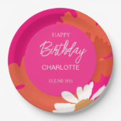 ホットピンクとオレンジのデイジーフローラ誕生日パーティー ペーパープレート (正面)