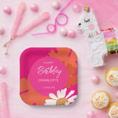 ホットピンクとオレンジのデイジーフローラ誕生日パーティー ペーパープレート (パーティー)